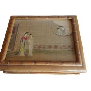 Vintage Bamboo-Style Wooden Jewelry Box With Asian-Inspired Glass-Lid Design & I